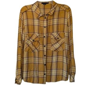 Sanctuary Plaid Button Down Boyfriend Shirt Women's Size Large Yellow And White